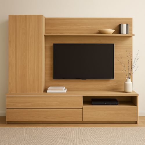 Mobile soggiorno realizzato su misura da falegname partner di Edilnet in legno di rovere chiaro naturale.