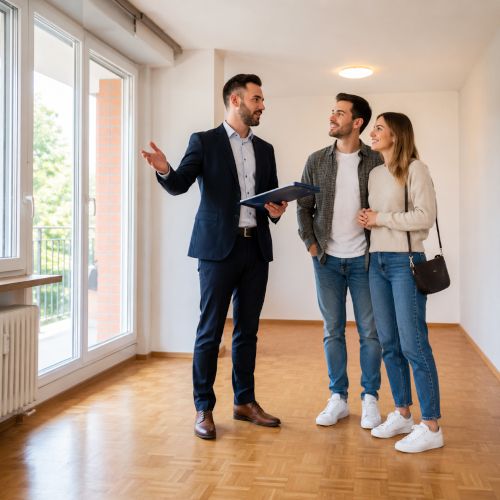 L'agente immobiliare guida i potenziali acquirenti durante la visita dell'immobile. 