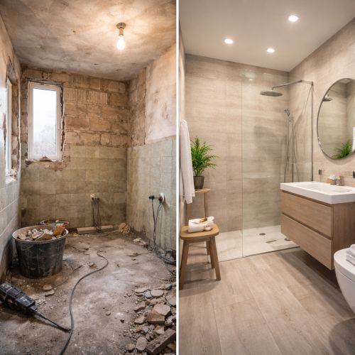 Lavori di ristrutturazione in un bagno piccolo a Rimini e bagno piccolo ristrutturato moderno con gres e doccia walk-in