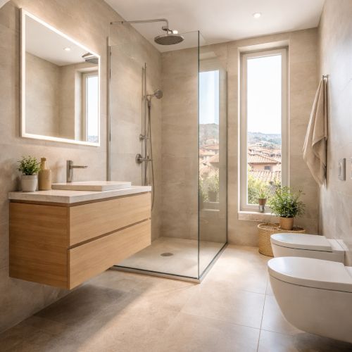Focus su doccia walk-in in vetro trasparente con soffione a pioggia e rubinetteria in acciaio spazzolato, mobile lavabo sospeso in rovere chiaro con top in pietra chiara, specchio grande con luce soffusa, sanitari sospesi moderni, rivestimenti in gres porcellanato effetto pietra beige chiaro, fughe sottili, finiture pulite e di qualit&agrave;.