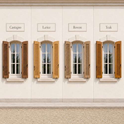 Confronto tra persiane in legno identiche con quattro diverse essenze: castagno, larice, rovere e teak, applicate su finestre uguali per mostrare differenze di colore, venatura e finitura.