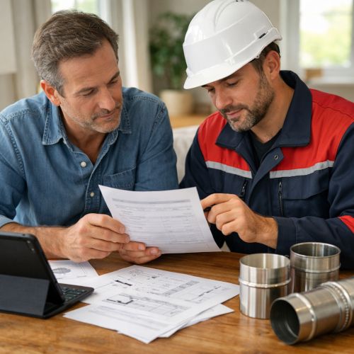 Confronto preventivi per intubare la canna fumaria tra proprietario e tecnico specializzato, con documenti e componenti tecnici su un tavolo in ambiente domestico.