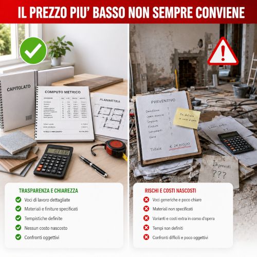 Confrontare preventivi dettagliati aiuta a evitare lavori fatti male, costi extra e voci poco trasparenti. Illustrazione verticale Edilnet sul confronto tra preventivo chiaro e lavori di ristrutturazione a rischio