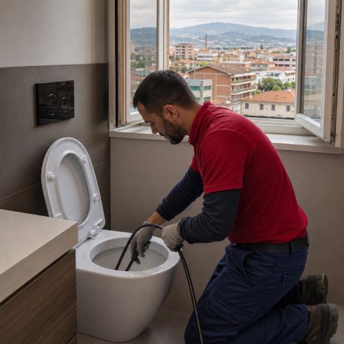 Idraulico a Prato mentre esegue un intervento di disostruzione wc in un bagno di appartamento moderno