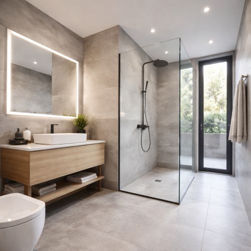 Bagno moderno italiano, doccia walk-in in cristallo, rivestimenti in gres porcellanato effetto pietra, luce naturale morbida, fotografia realistica, inquadratura grandangolare.