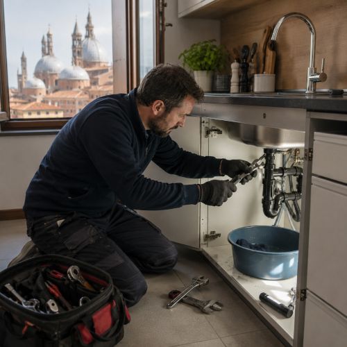 Un idraulico professionista a Padova ripara lo scarico e il sifone del lavello in una cucina moderna, utilizzando una chiave inglese.
