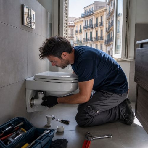 Idraulico al lavoro su scarico bagno in appartamento moderno a Palermo, con finestra aperta su via del quartiere Politeama Libert&agrave;.