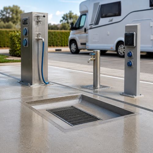 Camper service con pozzetto di scarico, acqua potabile e colonnina elettrica.