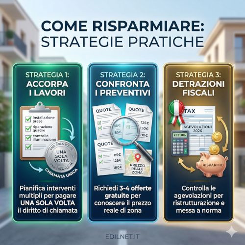 Infografica che illustra i fattori di risparmio sul prezzo dei lavori di un elettricista.