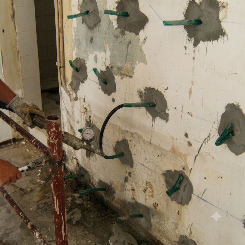 Cantiere edile con iniezioni in muratura per il consolidamento strutturale di una parete. Dettaglio dei boccagli di iniezione stuccati con malta e attrezzatura per il pompaggio a pressione.