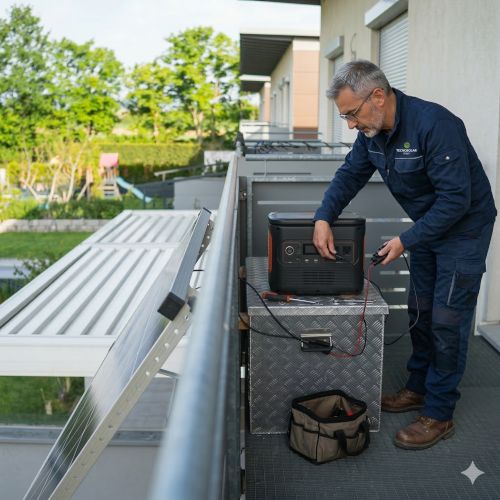 Montaggio di un sistema fotovoltaico con accumulo sul balcone di una casa.