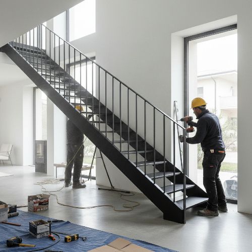 Installazione e posa in opera di una scala in ferro battuto all&rsquo;interno di una casa in ristrutturazione, interpiano di circa 3 metri, scala parzialmente montata con struttura portante in ferro appoggiata e in fase di fissaggio, presenza di due installatori (solo di spalle o senza volti riconoscibili) con DPI italiani (casco, guanti, scarpe antinfortunistiche), attrezzi realistici da posa (trapano avvitatore, tasselli, chiavi, livella, morsetti), piccoli segni di cantiere (teli protettivi, polvere, cartoni sul pavimento).