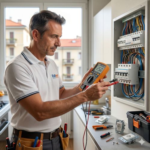 Elettricista sta utilizzando un multimetro digitale professionale per testare proprio l'interruttore salvavita. La messa a fuoco nitida sulle sue mani, sullo strumento e sul quadro elettrico, esalta la precisione del lavoro.