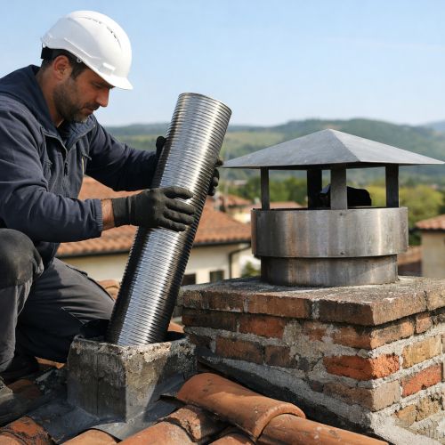 In primo piano un tecnico specializzato, con abbigliamento da lavoro e dispositivi di sicurezza, &egrave; su un tetto con tegole in cotto mentre esegue l&rsquo;intubamento di una canna fumaria in muratura. Si vede chiaramente il comignolo e il tubo flessibile in acciaio inox che viene inserito nel condotto esistente