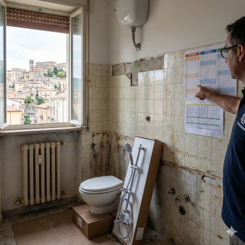 L'immagine ritrae un bagno in un appartamento situato a Frosinone, riconoscibile dalla vista panoramica sulla citt&agrave; attraverso la finestra aperta. La stanza &egrave; in fase di ristrutturazione, con vecchie piastrelle parzialmente rimosse, muri grezzi visibili e segni evidenti di usura. Al centro della stanza si trovano un wc e una colonna doccia moderna ancora imballati, pronti per l'installazione. Un uomo, presumibilmente un tecnico o il proprietario, &egrave; in piedi e indica un calendario e dei fogli di pianificazione appesi alla parete, suggerendo un momento di valutazione dei tempi e dei costi per l'intervento. 