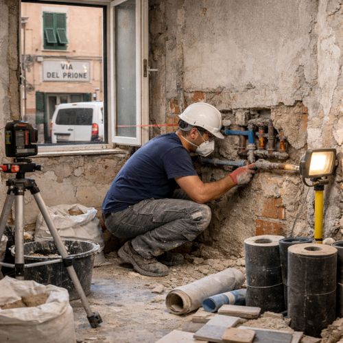 Operaio in un bagno in ristrutturazione a La Spezia durante i lavori su impianto idrico e rivestimenti.