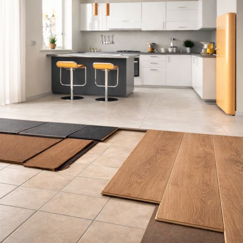 Cucina moderna con pavimento in sovrapposizione: doghe effetto legno in posa sopra vecchie piastrelle, con sottopavimento e pannelli in lavorazione in primo piano.