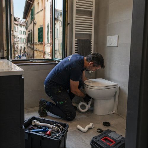 Scena realistica di pronto intervento idraulico in bagno: tecnico inginocchiato mentre lavora sul sifone del wc, attrezzi a terra e finestra aperta su una strada del centro storico di Perugia. Immagine ideale per illustrare costi, chiamata e preventivi per interventi idraulici in citt&agrave;.