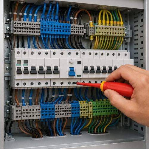 Quadro elettrico cablato con componenti ordinati e tecnico al lavoro