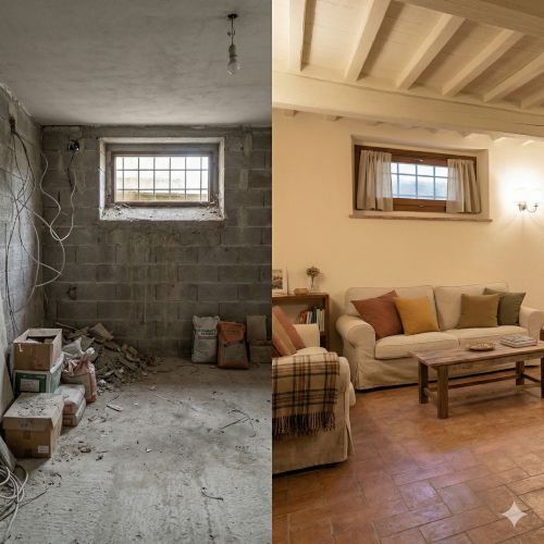 Un confronto fotografico a due pannelli che mostra la trasformazione radicale di un garage o seminterrato grezzo in una tavernetta finita e accogliente. A sinistra, l'immagine "Prima" mostra pareti in blocchi di cemento a vista, grovigli di cavi elettrici esposti che pendono dal soffitto, macerie, sacchi di cemento e una piccola finestra con sbarre. A destra, l'immagine "Dopo" mostra lo stesso spazio trasformato, con un pavimento in cotto rustico, pareti intonacate chiare, soffitto con travi in legno a vista, la stessa finestra rifinita con tende leggere, un divano con cuscini colorati (senape, ruggine, verde), un tavolino da caff&egrave; in legno e una piccola libreria. 