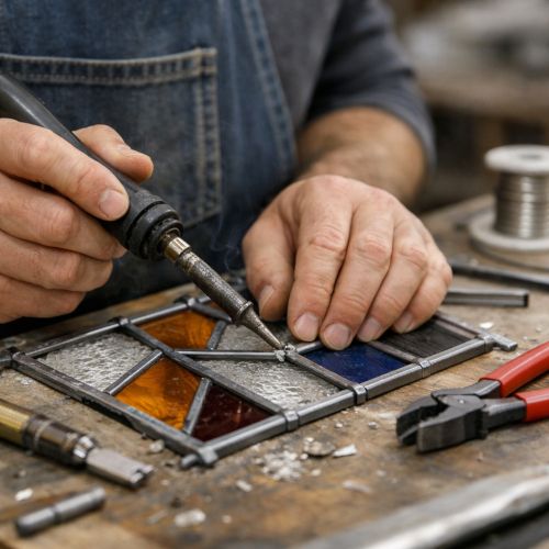 Artigiano al lavoro su una vetrata artistica con tessere e profili in piombo.