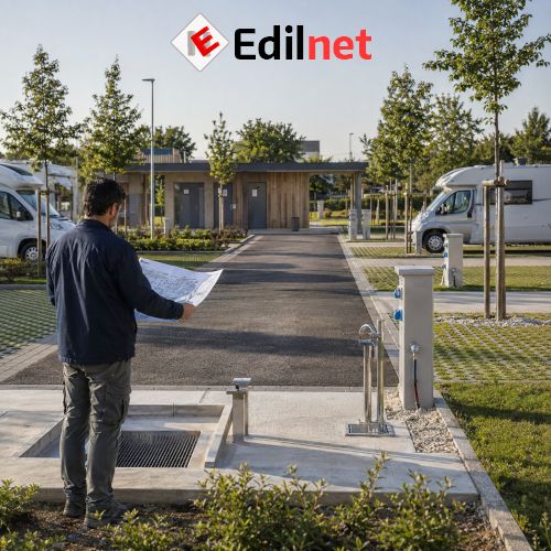 Progettazione area sosta camper attrezzata con piazzole, colonnine e zona servizi.