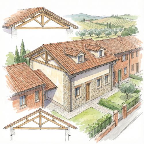 Schizzo architettonico di un tetto a spiovente con struttura in legno e tegole per una casa unifamiliare in un contesto di villette a schiera.