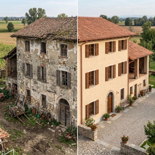 Immagine realistica prima e dopo di una cascina lombarda, composizione divisa in due met&agrave; con la stessa identica inquadratura esterna frontale leggermente angolata, architettura rurale autentica del nord Italia. A sinistra la versione prima della ristrutturazione: facciata usurata, intonaco degradato, tetto ammalorato con copertura danneggiata, infissi vecchi, cortile grezzo e segni di abbandono credibili. A destra la versione dopo la ristrutturazione: facciata recuperata, tetto completamente rifatto, aperture consolidate, serramenti nuovi in stile tradizionale, cortile sistemato in modo sobrio con ghiaia e pietra, risultato realistico e non di lusso.