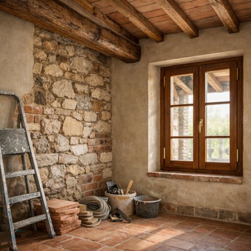 Foto realistica e dettagliata di un angolo interno di casolare toscano in fase avanzata di ristrutturazione, travi in legno restaurate, parete in pietra parzialmente riportata a vista, pavimento in cotto appena posato, infisso in legno nuovo in stile tradizionale, attrezzi e materiali da finitura presenti ma discreti, luce naturale morbida che entra dalla finestra, immagine che comunica qualit&agrave; del recupero edilizio e attenzione ai materiali originali.