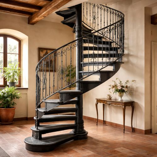 Scala elicoidale in ferro battuto di lusso all&rsquo;interno di una villa italiana, struttura curva senza piantone centrale, effetto sospeso ed elegante, ferro battuto lavorato con decori sobri ma raffinati, ringhiera fluida con andamento elicoidale, interpiano di circa 3 metri, ambiente ampio e scenografico, pavimento in marmo o pietra naturale.