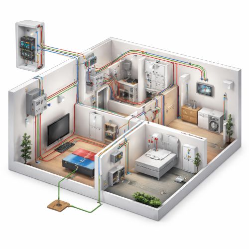Schema iper realistico in vista isometrica di un impianto elettrico domestico: quadro elettrico, linee di alimentazione, illuminazione e messa a terra distribuite tra zona giorno, cucina, bagno e camera.