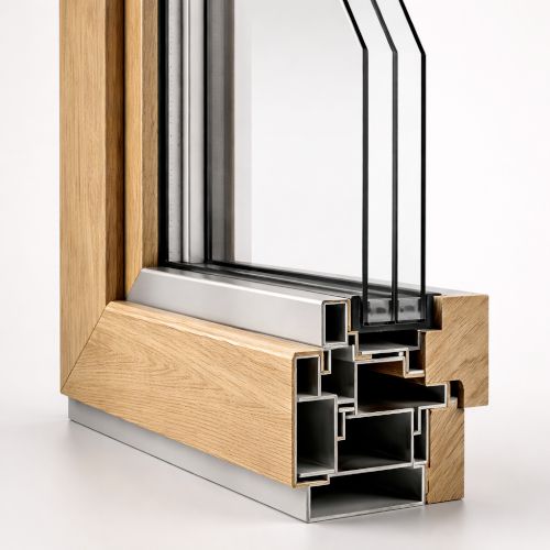 Sezione di un infisso legno alluminio: si vede il legno sul lato interno, l&rsquo;alluminio sul lato esterno, il pacchetto vetrocamera e i componenti di tenuta (guarnizioni e distanziatori) che contribuiscono a isolamento e stabilit&agrave;.
