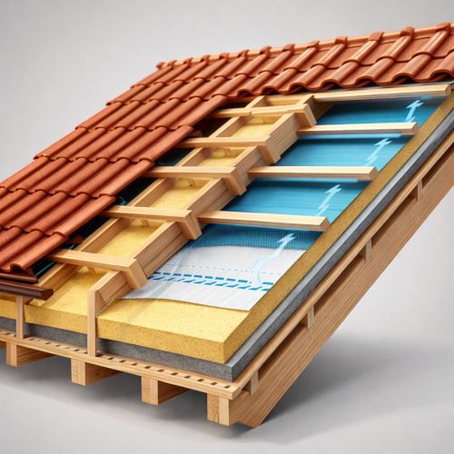 render fotorealistico di dettaglio stratigrafia tetto mansardato: travi, freno vapore, pannello isolante, membrana traspirante, listelli, camera di ventilazione, tegole, taglio assonometrico, sfondo neutro, alta definizione.