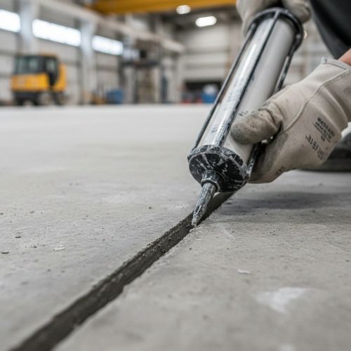 Macro fotografia iper realistica, dettaglio ravvicinato di un giunto di contrazione appena tagliato su pavimento in calcestruzzo industriale, bordi puliti e regolari, operatore con guanti che applica resina semi rigida con pistola manuale lungo il solco, texture del calcestruzzo ben visibile, piccole particelle e segni di lavorazione realistici, luce neutra diffusa, sfondo sfocato da cantiere industriale.