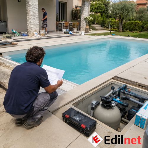 Controllo tecnico dell’impianto di filtrazione durante i lavori di costruzione di una piscina privata. Tecnico verifica una piscina privata e l’impianto di filtrazione durante i lavori di installazione.